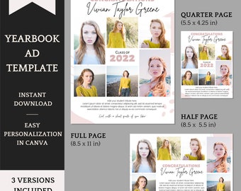 Senior Yearbook Ad Template - customizable elegant classy theme for girls and boys - Full / Half and Quarter Page included - Use in Canva