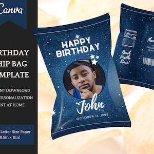 Birthday Chip Bag Template Navy Stars, customizable Party decoration, easy personalisation in Canva, Instant Download Printable Party Favors