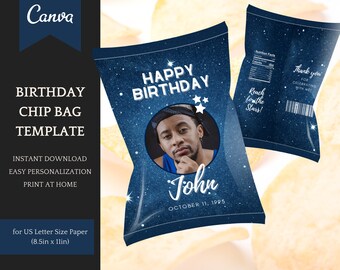 Birthday Chip Bag Template Navy Stars, customizable Party decoration, easy personalisation in Canva, Instant Download Printable Party Favors