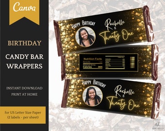 Candy Bar Template Black/Gold, Birthday Decorations for her, editable Instant Download Printable Party Favors, easy Personalization in Canva
