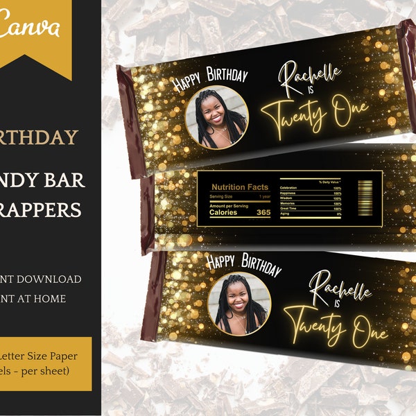 Candy Bar Template Black/Gold, Birthday Decorations for her, editable Instant Download Printable Party Favors, easy Personalization in Canva