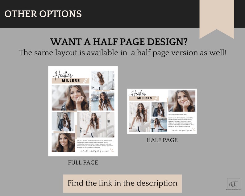 May include: Two different layouts for a graduation announcement. The full page layout features a collage of photos with the graduate's name and the text "Heather Millers". The half page layout features a smaller collage of photos with the graduate's name and the text "Heather Millers".