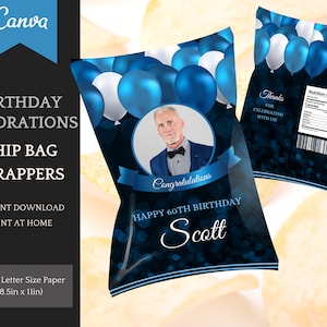 May include: A blue and white chip bag wrapper with a photo of a man, balloons, and the text "Congratulations Happy 60th Birthday Scott".