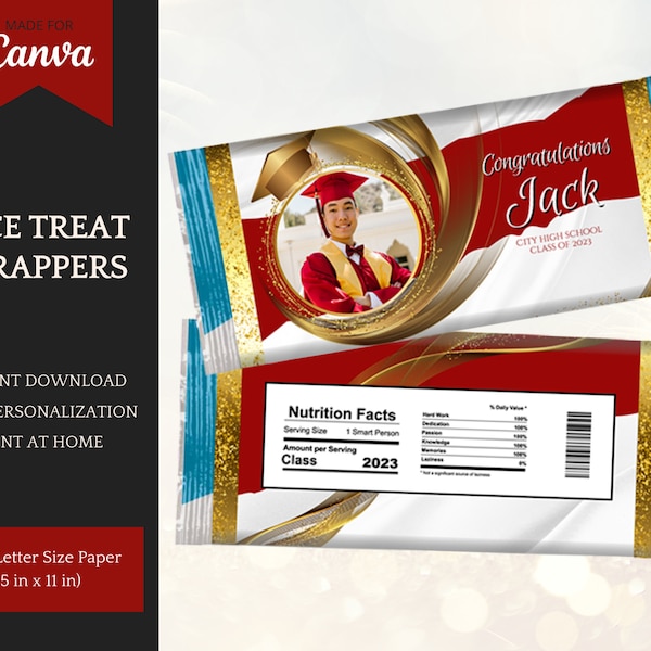 Graduation Rice Treats Template in Red, White and Gold, Class of 2023 Graduation Party Decorations, Instant Download, edit in Canva