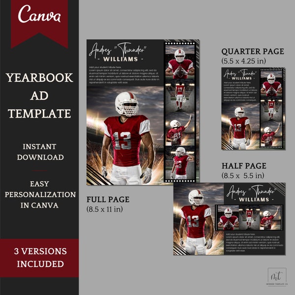 Senior Yearbook Ad Template - dark Sports / Athletes Theme - Full / Half and Quarter Page included - Personalize in Canva