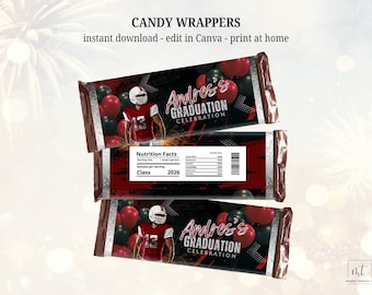 Graduation or Birthday Candy Wrapper Template, modern red/black design for Athletes, Boys & Girls, editable party favors for Canva