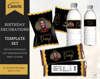 Birthday Decorations for her & him, Printable Template Set, Chip Bag Template, Candy Bars and Water Bottle Labels - INSTANT DOWNLOAD