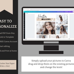 May include: A computer screen displaying a Canva template for a graduation announcement. The template features a collage of photos and the text "Heather Millers". The text "Simply upload your pictures to Canva, drag and drop them on the existing pictures and change the texts!" is displayed below the computer screen.