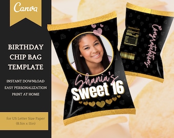 Birthday Decorations for her - Sweet 16: Chip Bag Template - easy personalisation/editable in Canva, Instant Download Printable