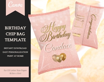 Chip Bag Template for Birthday Party in pink - easy personalisation in Canva, Instant Download Printable for party favor snack bags