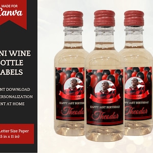 Mini Wine Bottle Labels, Red Balloon, personalized wine bottle stickers for birthday party favors, editable Canva template, instant download