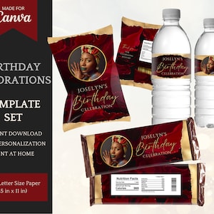 May include: Printable birthday party decorations template set featuring a red and gold design with a woman's portrait. The set includes labels for water bottles, chocolate bars, and snack bags. The text on the labels reads "Joslyn's Birthday Celebration".