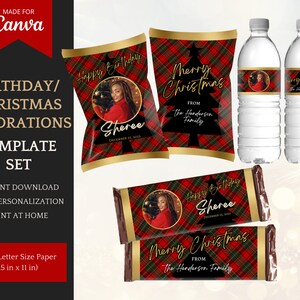 Könnte beinhalten: Ein Vorlagensatz für Geburtstags- und Weihnachtsdekorationen. Das Design zeigt ein rot-grünes Karomuster mit goldenen Akzenten. Das Set enthält Etiketten für Wasserflaschen, Schokoriegelverpackungen und Tüten. Der Text enthält "Happy Birthday" und "Merry Christmas".
