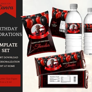 Birthday Decorations for her/him, Red Black Printable Template Set, Chip Bag Template, Candy Bars and Water Bottle Labels - INSTANT DOWNLOAD