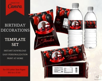 Birthday Decorations for her/him, Red Black Printable Template Set, Chip Bag Template, Candy Bars and Water Bottle Labels - INSTANT DOWNLOAD