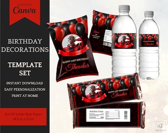 Birthday Decorations for her/him, Red Black Printable Template Set, Chip Bag Template, Candy Bars and Water Bottle Labels - INSTANT DOWNLOAD