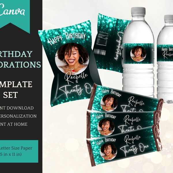 Décorations d'anniversaire pour elle en Teal Glitter - Ensemble imprimable avec modèle de sac à puces, barres chocolatées et étiquettes de bouteille d'eau - TÉLÉCHARGEMENT INSTANTANÉ
