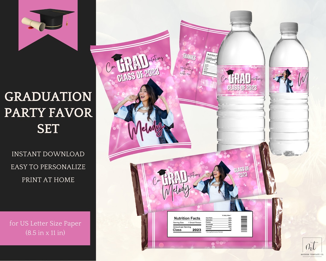 Pink Graduation Decorations Bundle for Girls, Chip Bag Template, Candy