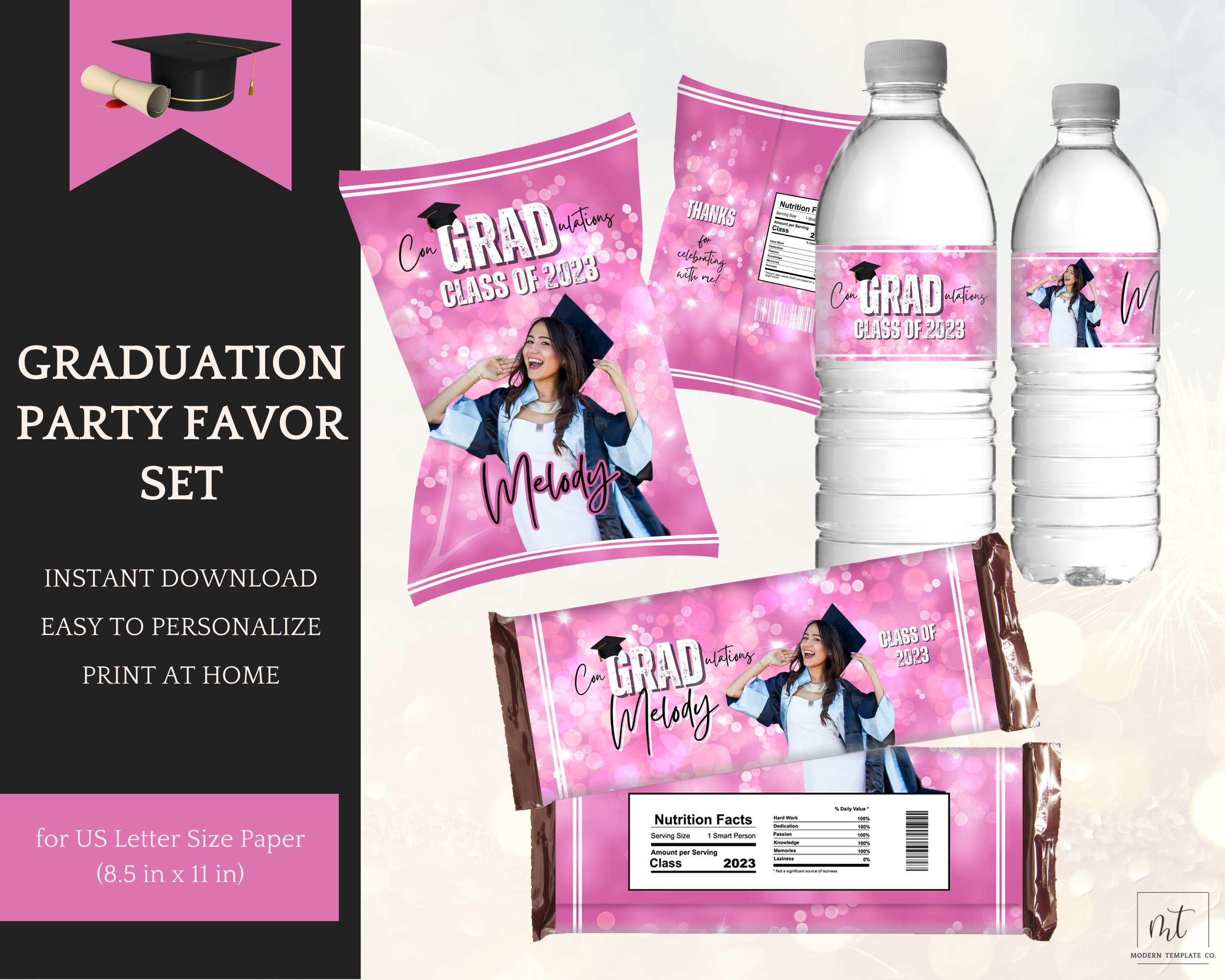 Pink Graduation Decorations Bundle for Girls, Chip Bag Template, Candy & Water Labels, Class of 2025, Instant Download to edit in Canva
