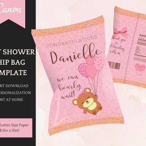 Chip Tüte Vorlage - editierbar, Baby Shower für Mädchen in rosa & gold mit Bär - Sofort Download druckbare, einfache Personalisierung in Canva