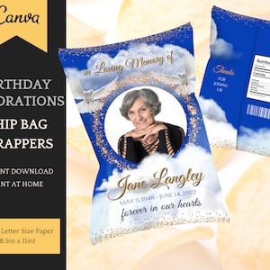 Chip Bag Template for Celebration of Life / Funeral / Memorial, blue angel in the clouds, customize in Canva, Instant Download Printable