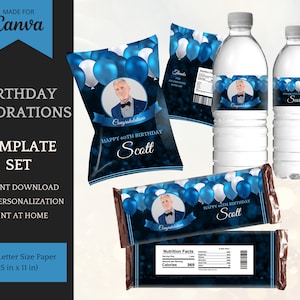 Chip Bag Template, Candy Bars and Water Bottle Labels: Printable Template Set in Blue, Birthday Decorations for him - INSTANT DOWNLOAD