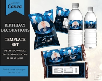 Chip Bag Template, Candy Bars and Water Bottle Labels: Printable Template Set in Blue, Birthday Decorations for him - INSTANT DOWNLOAD