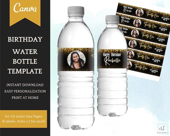 Water Bottle Label Template Black/gold Printable Birthday | Etsy