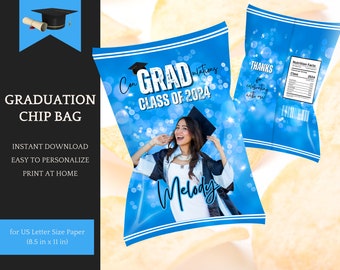 Modèle de sac à puces à paillettes bleues pour filles et garçons, décorations de fête de remise des diplômes, promotion 2024, téléchargement immédiat, impression pour retoucher sur Canva