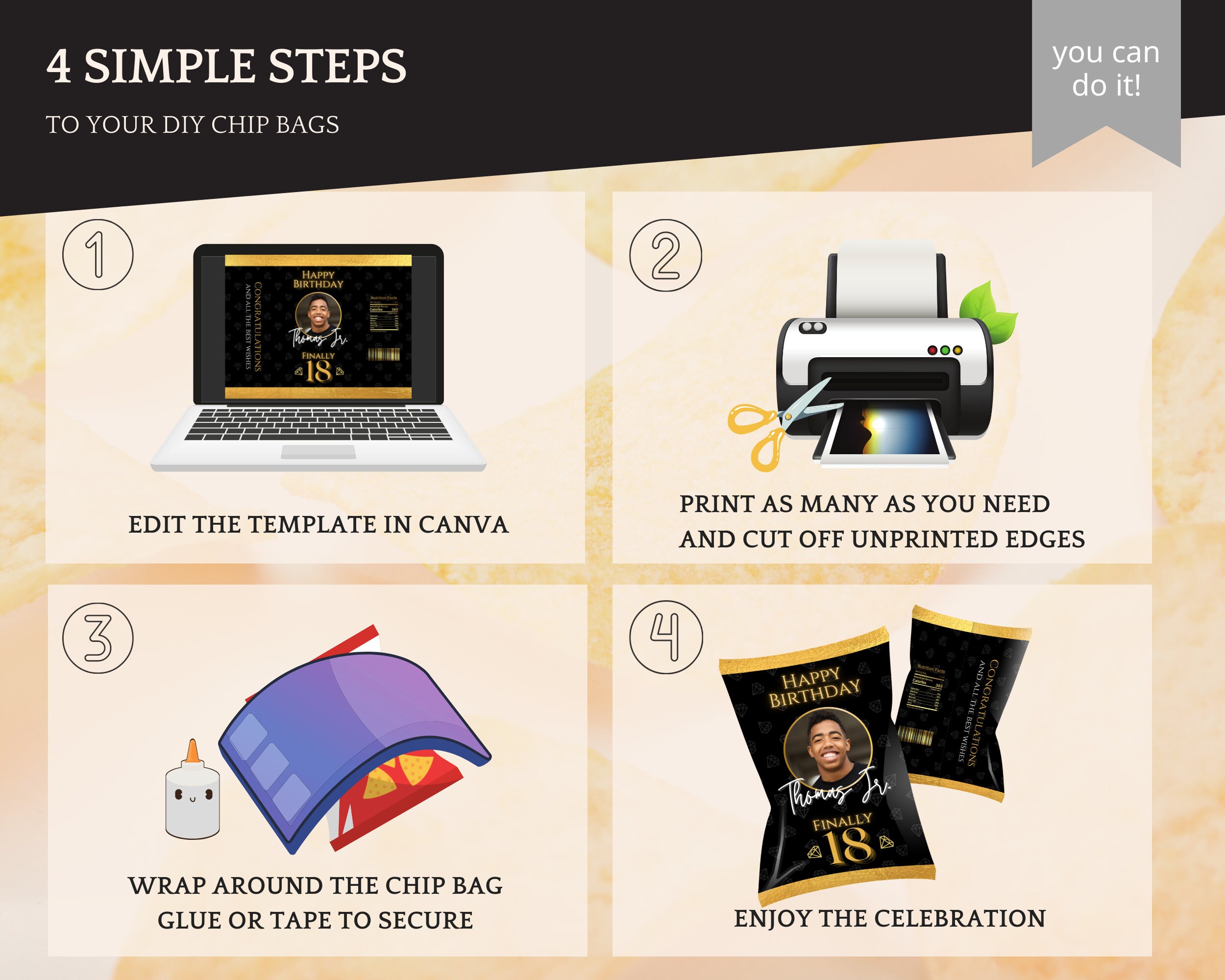 Paper Party Supplies Chip Bag Template For Birthday In Black And Gold Paper party supplies chip bag template for birthday in black and gold