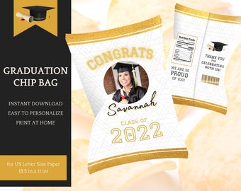 Chip Bag Template - editable, Graduation Party, Class of 2023 in white & gold - Instant Download Printable, easy Personalization in Canva