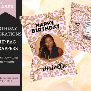 Chip Bag Template: Birthday Decorations for her, Pink Leopard Party Favors, personalization, editable in Canva, Instant Download Printable
