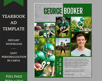 Senior Yearbook Ad Template - Sports / Athletes Theme - Football, Soccer, etc. - Place for Dedication and Pictures - Personalize in Canva
