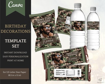Birthday Decorations Green Camouflage - Chip Bag Template, Water Bottle and Candy Bar Labels, Personalized Party Favors, Instant Download