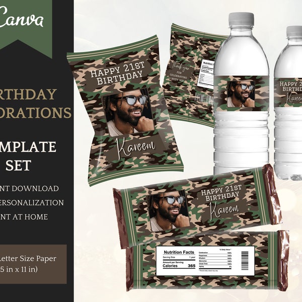 Birthday Decorations Green Camouflage - Chip Bag Template, Water Bottle and Candy Bar Labels, Personalized Party Favors, Instant Download