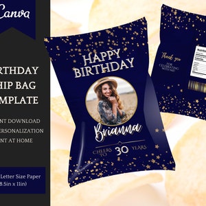 Birthday Chip Bag Template, customizable navy Party Decorations, easy personalisation in Canva - Instant Download Printable Party Favors
