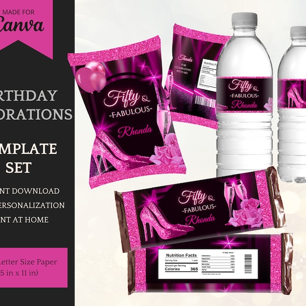 Pink Party Decorations for her, Birthday Favors Glitter Heel: Chip Bag Template, Water Bottle & Candy Bar Labels, Instant Download Printable