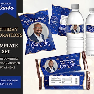 May include: A birthday decoration template set with personalised labels for water bottles, chocolate bars, and crisp packets. The design includes a photo, the text "Happy Birthday Carl Jr.", and a blue and gold crown pattern. Designed for US Letter size paper.