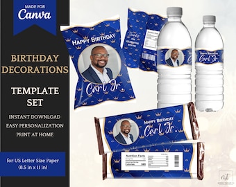 Royal Blue/Gold Birthday Decorations for him/her, Chip Bag Template, Water Bottle Labels & Candy Wrappers - Instant Download for Canva