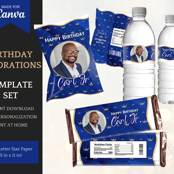 Royal Blue/Gold Birthday Decorations for him/her, Chip Bag Template, Water Bottle Labels & Candy Wrappers - Instant Download for Canva