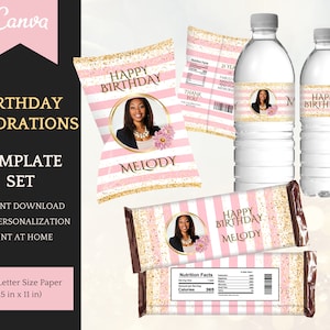 Birthday Decorations for her - Chip Bag Template, Water Bottle and Candy Bar Labels, Personalized Party Favors, Instant Download Printable