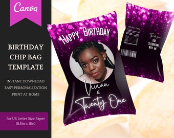 Birthday Decorations for her: elegant Chip Bag Template - easy personalisation/editable in Canva, Instant Download Printable Party Favors