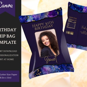 May include: A navy blue birthday chip bag template with a photo of a woman, the text "Happy 30th Birthday", and the name "Janet". The design includes a watercolor effect with blue, purple, and gold accents. The bag is designed for US Letter Size Paper (8.5in x 11in).