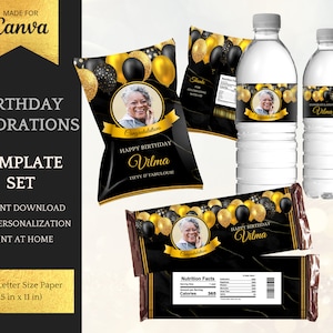 Birthday Decorations for him/her in Gold - Printable Template Set: Chip Bag Template, Candy Bars and Water Bottle Labels - INSTANT DOWNLOAD