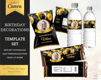 Birthday Decorations for him/her in Gold - Printable Template Set: Chip Bag Template, Candy Bars and Water Bottle Labels - INSTANT DOWNLOAD