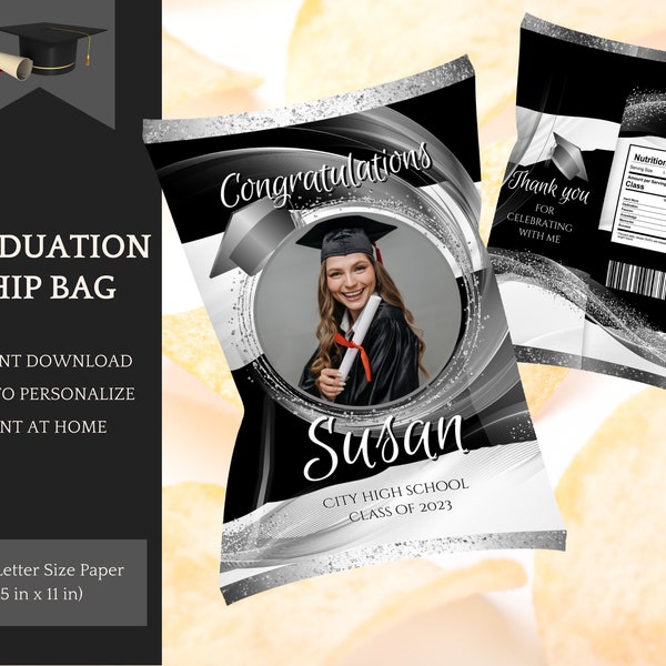 Chip Bag Template in Black & Silver for boys and girls, Graduation Party, Class of 2024 - Instant Download Printable, edit in Canva
