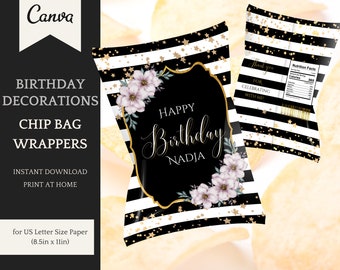 Birthday Chip Bag Template, elegant striped decoration with flowers, personalization in Canva - Instant Download Printable Party Favors