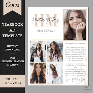 Senior Yearbook Ad Template - Elegant Full Page Graduation Announcement with 5 pictures and dedication - Personalize in Canva