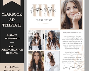 Senior Yearbook Ad Template - Elegant Full Page Graduation Announcement with 5 pictures and dedication - Personalize in Canva
