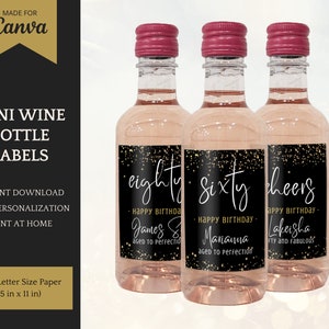 Mini Wine Bottle Labels, personalized wine bottle stickers for birthday party favors, editable template for Canva, instant download